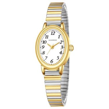 Imagem de VTAIGE Relógios dourados femininos, analógicos delicados, relógios femininos à prova d'água com pequena caixa oval, mostrador luminoso e pulseira de expansão de aço inoxidável, elegante presente de