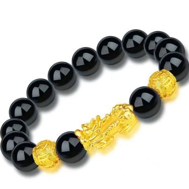 Imagem de Pulseira com miçangas de obsidiana com pingente Pixius em ouro sintético para homens