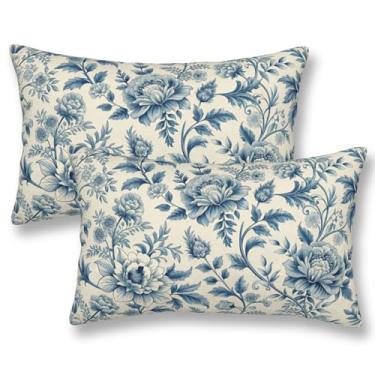 Imagem de ZYNTIRAX Chinoiserie Capas de almofada floral azul vintage floral 30,5 x 50,8 cm Conjunto de 2 fronhas com padrão de flores brancas azuis retangulares para sofá de casa