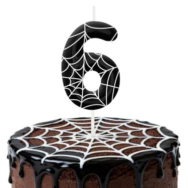 Imagem de Velas de aniversário pretas e brancas para bolo, velas número 6, decorações de aniversário, suprimentos de festa, topo de bolo de teia de aranha para decoração de festa temática para meninos e meninas