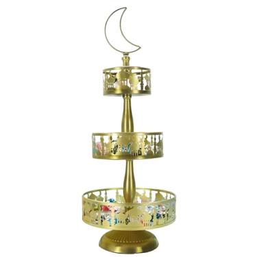 Imagem de Bandejas de servir Ramadan de 3 camadas Suporte de exibição de ferro dourado, decoração de festa de escritório de fim de ano