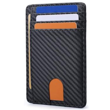 Imagem de Carteira de couro fina minimalista com bolso frontal com bloqueio de RFID – Preta de fibra de carbono, design surpreendentemente espaçoso com 8 compartimentos para homens e mulheres