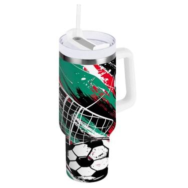 Imagem de Kigai Copo de futebol colorido de 850 g com tampa e canudo, copo isolado de aço inoxidável durável à prova de vazamento com alça, garrafas de água à prova de derramamento para viagens