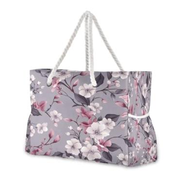 Imagem de Wassud Bolsa de praia grande de flores rosa e roxa para mulheres, impermeável, à prova de areia, bolsa de viagem com zíper e bolso para piscina, academia, acampamento