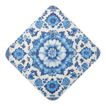 Imagem de STAYTOP Toalhas de bebê com capuz de musselina de flor de cerâmica branca azul, toalha de banho super macia, toalhas de banho absorventes para banho recém-nascido unissex 76 x 76 cm