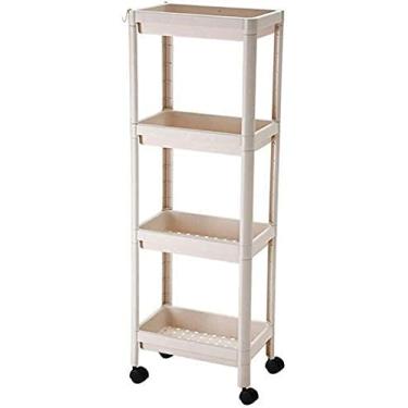 Imagem de LMJYU Rack de armazenamento, prateleira de chão, carrinho de jantar móvel, design de dreno de plástico de 4 camadas com cesta suspensa, economiza espaço 36 x 23 x 41 cm, damasco, com moldura