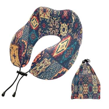 Imagem de CEBUGI Travesseiros de viagem portáteis em forma de U, travesseiro de pescoço de espuma viscoelástica com trava de corda ajustável para avião, viagem, trem, negócios, escritório, soneca (estampa