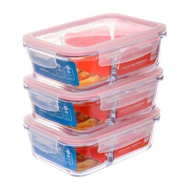 Imagem de Kit com 3 Potes de Vidro Herméticos 1,040L com Divisória Invicta, Únic
