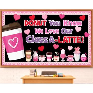 Imagem de Conjunto de quadro de avisos para o dia dos namorados, tema de café, decoração de sala de aula, xícara de café dos namorados, coração, recortes de papel motivacionais para escola, sala de aula