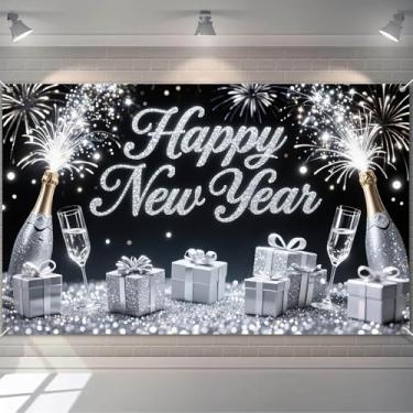 Imagem de HOMETITUTE Banner Happy New Year 188 x 109 cm, prata, champanhe, decoração de parede, fogos de artifício, cenário fotográfico para contagem regressiva, celebração, evento de férias e exibição de fundo