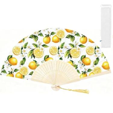 Imagem de JarThenaAMCS 24 peças de leque de mão dobrável de limão com sacos de organza ventiladores decorativos de mão aquarela, leques de papel floral limão para chá de panela, despedida de solteira, casamento