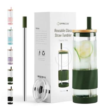 Imagem de Spreccio Copos de vidro com tampas e canudos, xícara de café gelado reutilizável de 590 ml, copo de vidro de oliva com manga de silicone, perfeito para bebidas de frutas, chá gelado ou vitaminas