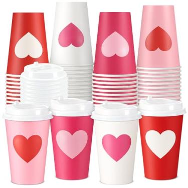 Imagem de Jingmore 48 peças de copos de papel de café de 340 g para dia dos namorados com tampas, papel dos namorados, bebida, chocolate quente, copos de cacau para aniversário, casamento, aniversário, festa