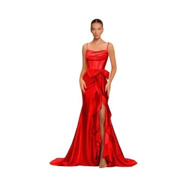 Imagem de Vestido De Festa Em Cetim Para Mulheres, Estilo Sereia, Alças Finas, O