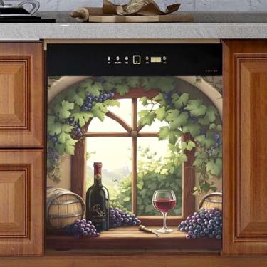 Imagem de Garrafas de vinho tinto uvas janela máquina de lavar louça ímã capa adesivo máquina de lavar louça, painéis de decalque de ímã de geladeira 58 cm x 66 cm