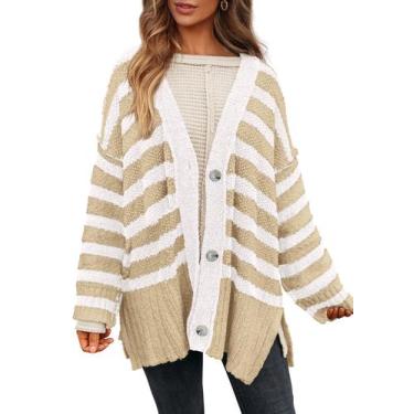 Imagem de Suéter PRETTYGARDEN Listrado Caqui Branco Médio Tricô Grosso