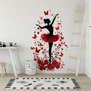Imagem de Adesivo de parede Ballet Dancer com borboletas e rosas vermelhas 30x90