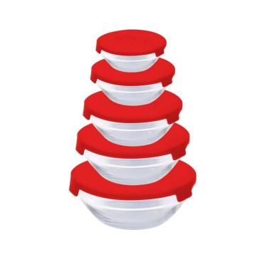 Imagem de Conjunto com 5 Potes Redondo de Vidro Com Tampa Vermelha