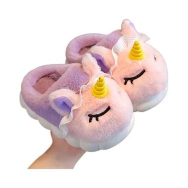 Imagem de Chinelos De Pelúcia Unicórnio Unissex Para Crianças, Inverno, Antiderr