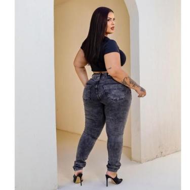 Imagem de Calça Skinny Plus size feminina jeans Cintura alta chumbo marmorizada 