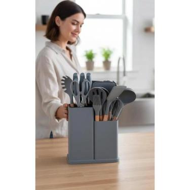 Imagem de Kit Utensílios Cozinha Silicone 19 Peças Cinza Antiaderente - Congratu