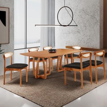 Imagem de Sala De Jantar Mesa Flora Tampo Barril E 6 Cadeiras Noronha Linho Preto/imbuia Nat/cina...