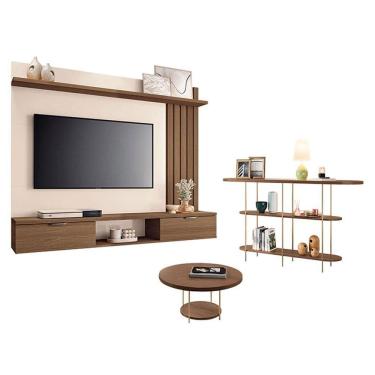 Imagem de Painel Suspenso Lets Castanho Off White com Mesa de Centro Sky e Aparador Infinity Castanho - HB Móveis