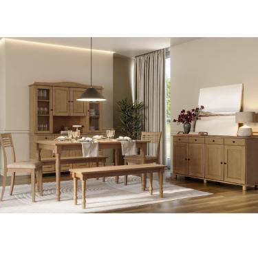 Imagem de Kit Conjunto Rubi 6 Lugares Madeira Pinus com Cristaleira Balcão Mesa 2 Bancos 2 Cadeiras Freijó Finestra Móveis