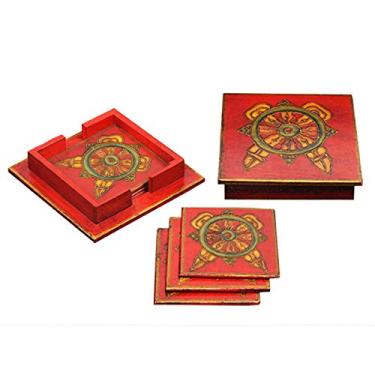 Imagem de Porta-copos de madeira Storeindya pacote com 4 porta-copos absorventes com suporte e tampa porta-copos quadrados para bebidas frias e bebidas quentes (vermelho - mandala)