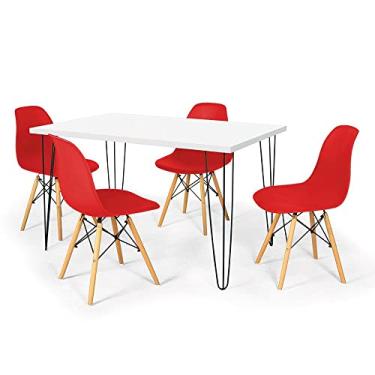 Imagem de Conjunto Mesa de Jantar Hairpin 130x80 Branca com 4 Cadeiras Eames Eiffel - Vermelho
