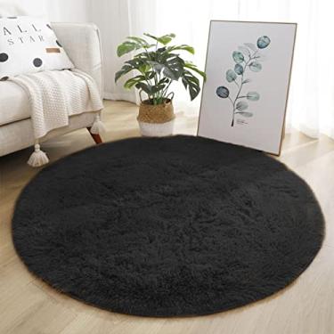 Imagem de Lifup Tapete de Área Antiderrapante Redondo Macio Fofo, Tapete Circular Desgrenhado de Pelúcia Aconchegante, Decoração para Casa para Sala Quarto Preto 60 cm