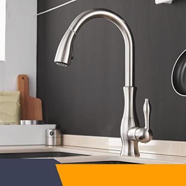 Imagem de Torneira de cozinha de ouro, torneira de cozinha de prata de alça única, torneira de cozinha de furo único, misturador de água de grau giratório, níquel escovado, china