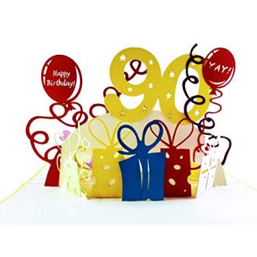 Imagem de iGifts and Cards Happy 90th Birthday With Lots of Presents Cartão de felicitações 3D Pop Up - Incrível, Bonito, Divertido, Único, Ocasião Especial, Half-Fold, Celebração, Marido, Esposa, Melhor Amigo, Parabéns