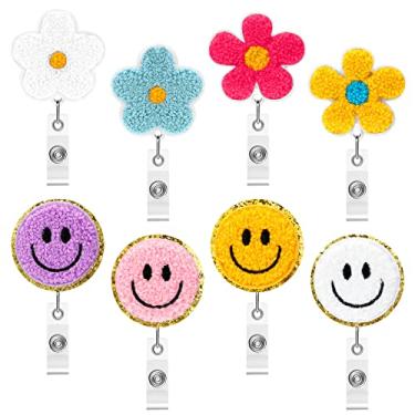 Imagem de 8 peças de carretel de enfermeira retrátil sorrindo rosto de flor suporte de crachá de identificação de enfermagem acessórios com clipe de jacaré giratório de 360 graus para enfermeiras professoras estudantes médico