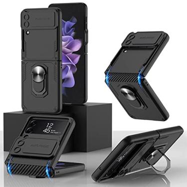 Imagem de Com capa protetora de câmera com janela push para Samsung Galaxy Z Flip 4 5G chaveiro magnético à prova de choque Capa de telefone de fibra de carbono, preta, para galaxy Z flip 4