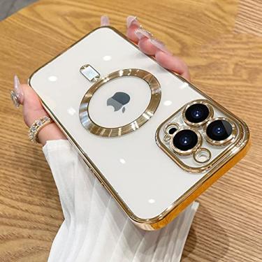 Imagem de Capa Magnética para Telefone Sem Fio para iPhone 14 13 11 12 Pro Max Vidro Protetor de Lente Silicone Capa Transparente, Dourada, Para iPhone 14 Plus
