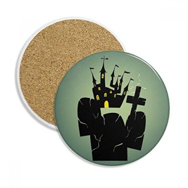 Imagem de Cemitério Outside Castle Caneca porta-copos de Halloween com proteção de mesa Pedra absorvente