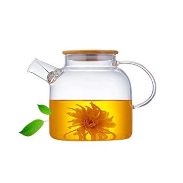 Imagem de Bule de vidro 1,5 g/1500 ml, fogão e micro-ondas, bule de chá de borossilicato, transparente com filtro, chaleira de vidro com tampa de madeira para folhas soltas, chá de frutas e chá perfumado