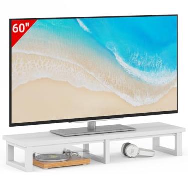 Imagem de YAOHUOO Elevador de TV grande de 45 polegadas para TV de 32 a 60 polegadas, prateleira de suporte de TV com pernas de aço, suporte de mesa para escritório em casa, branco