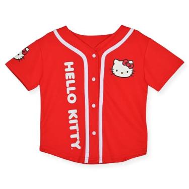 Imagem de Hello Kitty Camiseta feminina de beisebol – Camisa fashion de malha com botão frontal para meninas, Vermelho pirulito, 8-10