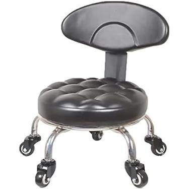 Imagem de Banco de assento de rolo baixo com encosto, cadeira móvel de baixa altura, giratório de 360 ​​° para loja de garagem, escritório doméstico, almofada de couro, preto