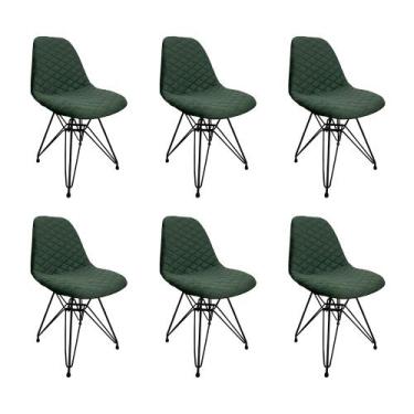 Imagem de Kit 6 Cadeiras Jantar Estofadas Verde Eiffel Eames Base Ferro Preto - 