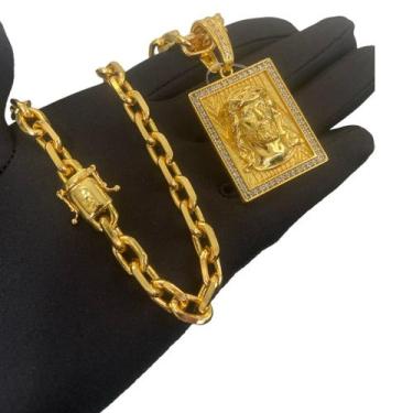 Imagem de Cordão Cadeado 8mm + Pingente Face De Jesus - Banhado a Ouro - ToJoia1