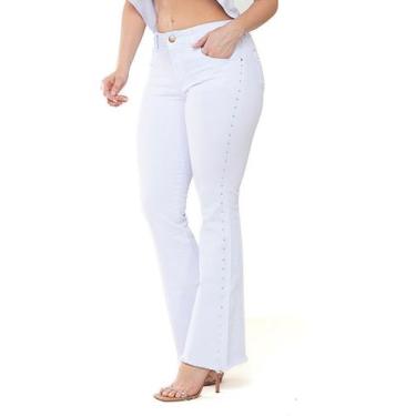 Imagem de Calça Feminina Flare Sarja Branca com Strass Lateral - Pthirillo, 46, 