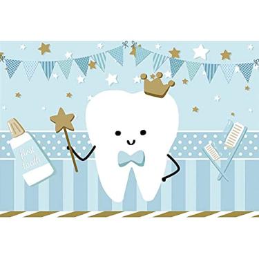 Imagem de DORCEV 2,7 x 1,8 m, primeiro dente para menino, pano de fundo fofo dente de leite, galhardetes azuis, pasta de dentes, faixa para escova de dentes, faixa para fotos de aniversário e chá de bebê, faixa