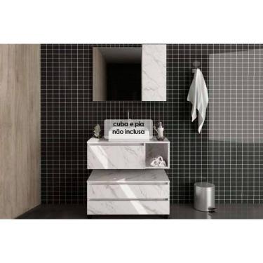 Imagem de Armário c/ Balcão Banheiro Suspenso BN3601 + Rodizios BN3603 s/ Cuba 80cm e Espelho BN3602 Mármore Branco - Tecno Mobili