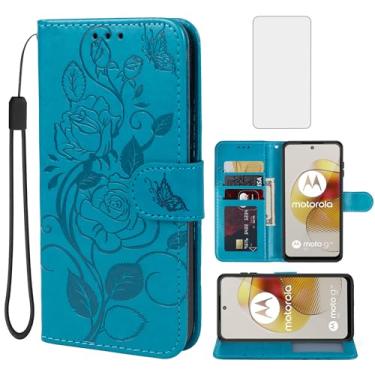 Imagem de Vavies Capa para Moto G73, Motorola G73 5G XT2237-2 Capa carteira com protetor de tela de vidro temperado, capa de couro floral com suporte para cartão de crédito para Motorola Moto G73 5G Azul