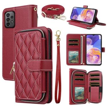Imagem de Dswteny Argyle Capa carteira para Samsung Galaxy A23 5G/4G com alça de ombro, zíper flip couro PU suporte para cartão de crédito acessórios capa de celular para A 23 23A 6,6 mulheres meninas vermelha