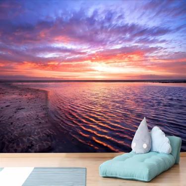 Imagem de Lcythiazole Mural de papel de parede de pôr do sol tamanho personalizável mural oceano céu roxo ondas roxo praia mural para quarto sala de estar