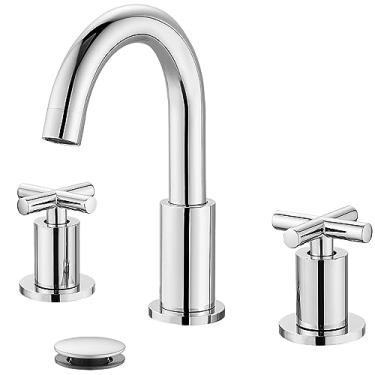 Imagem de gotonovo Torneira de pia de banheiro com 3 furos e 2 alças com ralo pop-up com válvulas misturadoras quentes e frias, torneira de banheiro de 20 cm, bico de pescoço de ganso e alças cruzadas cromado polido